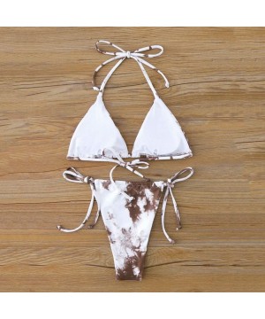 Women's Sexy Tie-Dye Lace Up High Cut Leg Halter Bikini Set Two Piece Swimsuit - Coffee - CR1908YE202 $16.33-Sets