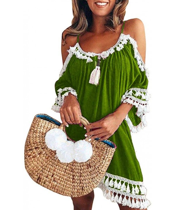 Women Off Shoulder Dress Ladies Bikini Blouse Tassel Short Cocktail Party Dresses Sundress - Green - CR18TUGDUH6 $17.55-Cover...