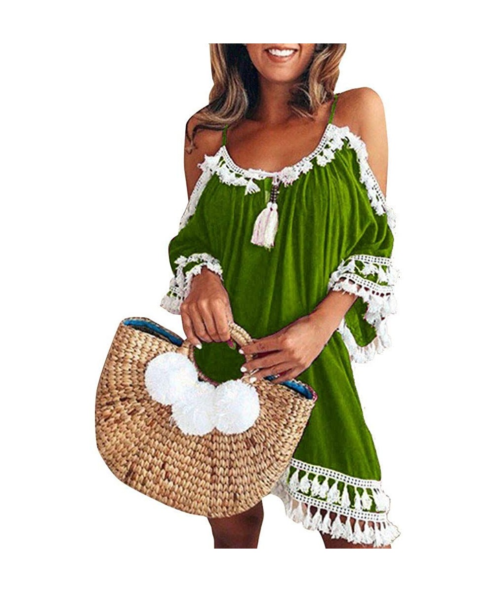 Women Off Shoulder Dress Ladies Bikini Blouse Tassel Short Cocktail Party Dresses Sundress - Green - CR18TUGDUH6 $17.55-Cover...