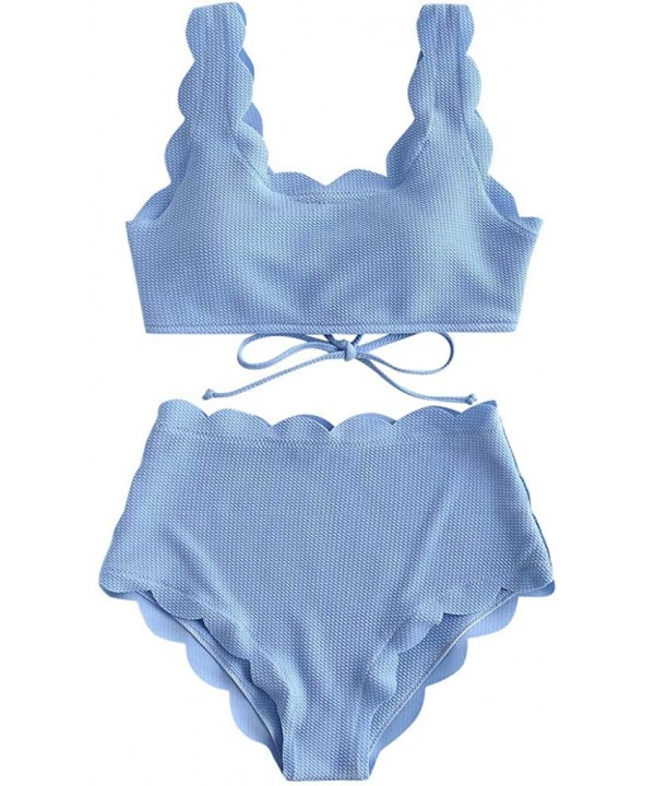 Women's Bathing Suit Scalloped Textured Swimwear High Waisted Wide Strap Adjustable Back Lace-up Bikini Set Swimsuit - Blue -...