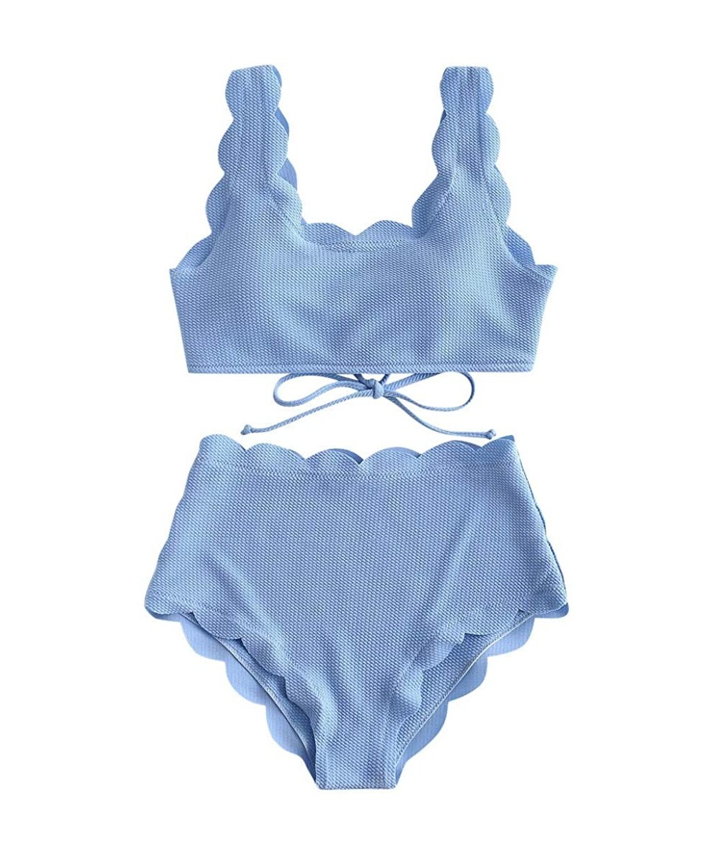 Women's Bathing Suit Scalloped Textured Swimwear High Waisted Wide Strap Adjustable Back Lace-up Bikini Set Swimsuit - Blue -...