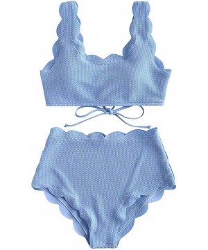 Women's Bathing Suit Scalloped Textured Swimwear High Waisted Wide Strap Adjustable Back Lace-up Bikini Set Swimsuit - Blue -...