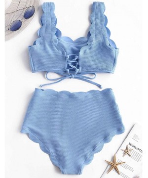 Women's Bathing Suit Scalloped Textured Swimwear High Waisted Wide Strap Adjustable Back Lace-up Bikini Set Swimsuit - Blue -...