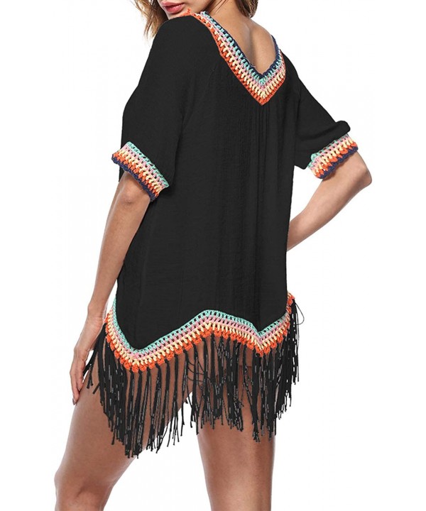 Women's V-Neck Hollow Out Knitted Swimsuit Bikini Cover Ups Swimwear Tassels Beach Dress - B Black - CU18QHUDNGK $19.11-Cover...