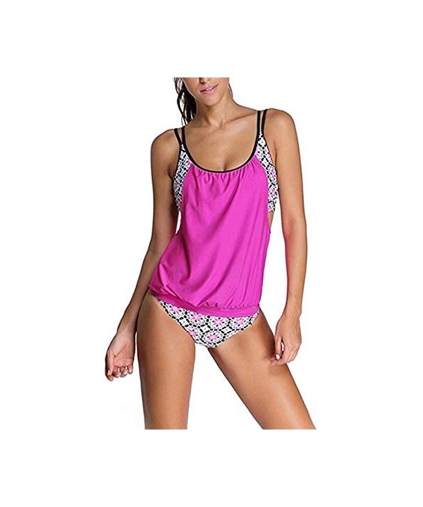 Women Stripes Print Sporty Double Up Layered Two Piece Tankini Sets Swimsuits - Rosy White - CF18Z8QY6T8 $25.32-Tankinis