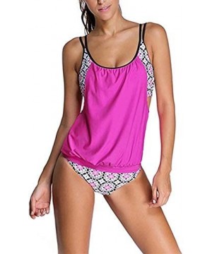 Women Stripes Print Sporty Double Up Layered Two Piece Tankini Sets Swimsuits - Rosy White - CF18Z8QY6T8 $25.32-Tankinis