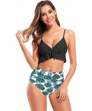 Women's V Neck Ruffle Bikini Ruched Printed High Waist Two Piece Swimsuits - Black - CS18A62UWHQ $27.83-One-Pieces