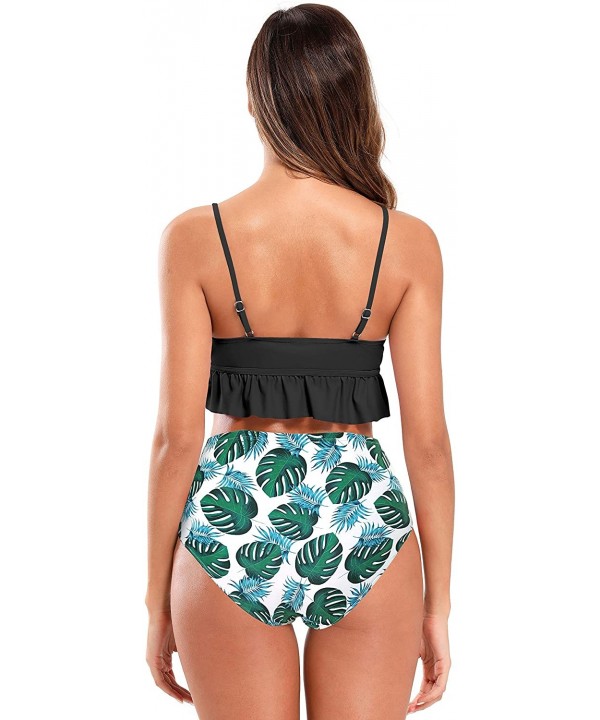 Women's V Neck Ruffle Bikini Ruched Printed High Waist Two Piece Swimsuits - Black - CS18A62UWHQ $27.83-One-Pieces