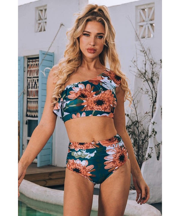 Women's One Shoulder Crop Bikini Sets Flounce High Waist Ruffle Two Piece Swimsuit - Orange - CQ195R0SX3M $23.19-Sets