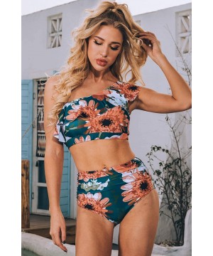 Women's One Shoulder Crop Bikini Sets Flounce High Waist Ruffle Two Piece Swimsuit - Orange - CQ195R0SX3M $23.19-Sets