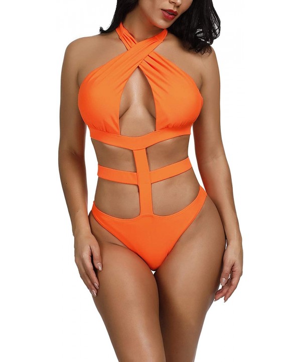 Women's Sexy Bandage Criss Cross One Piece Cutout Halter Monokini Swimsuit Bathing Suit Swimwear - Orange - CT12OCKQLR6 $17.4...