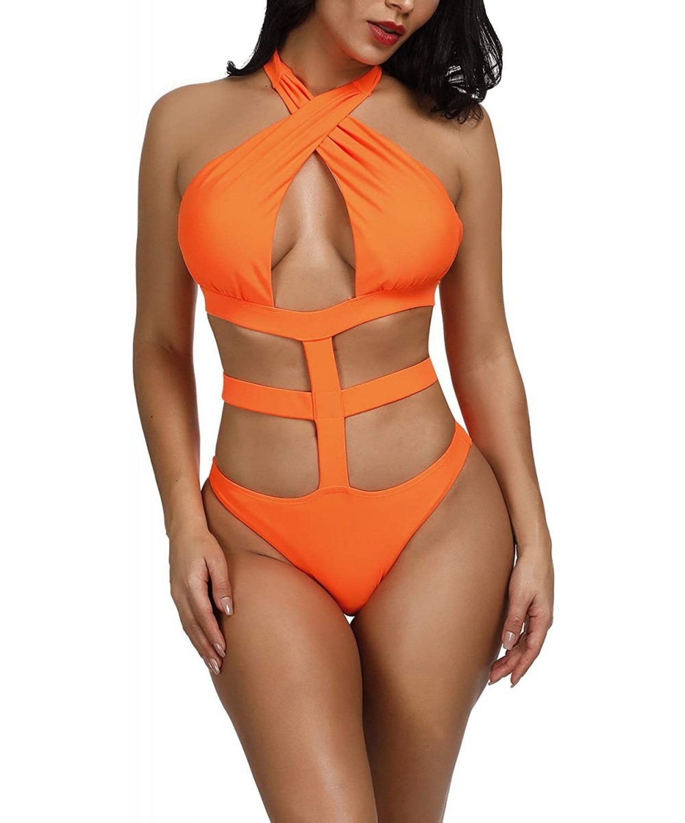 Women's Sexy Bandage Criss Cross One Piece Cutout Halter Monokini Swimsuit Bathing Suit Swimwear - Orange - CT12OCKQLR6 $17.4...