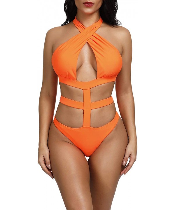 Women's Sexy Bandage Criss Cross One Piece Cutout Halter Monokini Swimsuit Bathing Suit Swimwear - Orange - CT12OCKQLR6 $17.4...