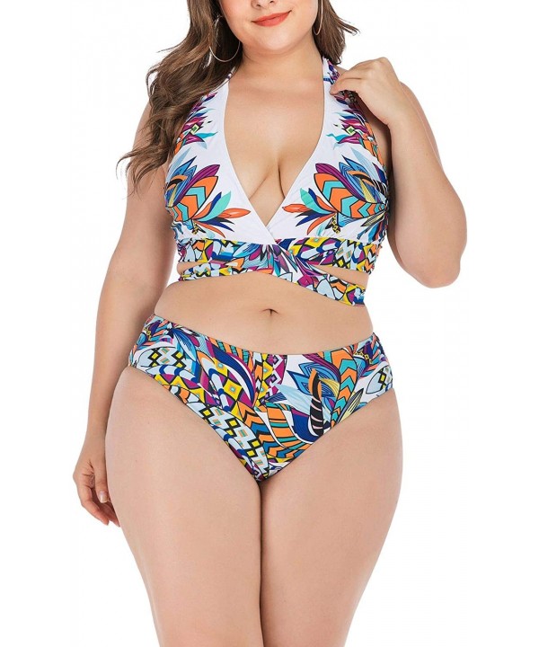 Swimsuits for Women Plus Size Two Piece Halter Swimwear High Waisted Sexy Floral Print Bikini Set Bathing Suit Summer - Swims...