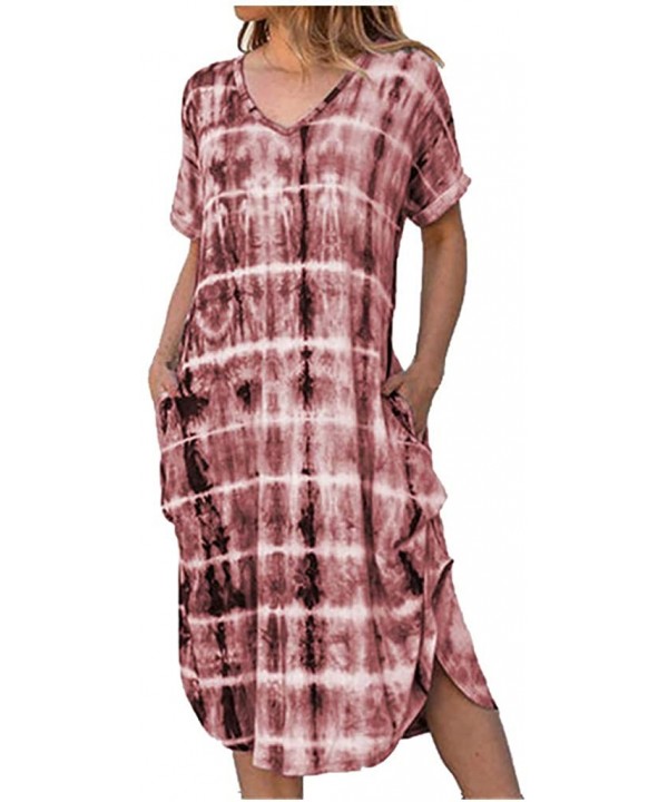 Women's Tie Dye Sleeveless Tank Dress Slim Fit Short Sleeve V Neck Pocket Midi Dress Casual Loose Long Dress Wine - CE190LROQ...