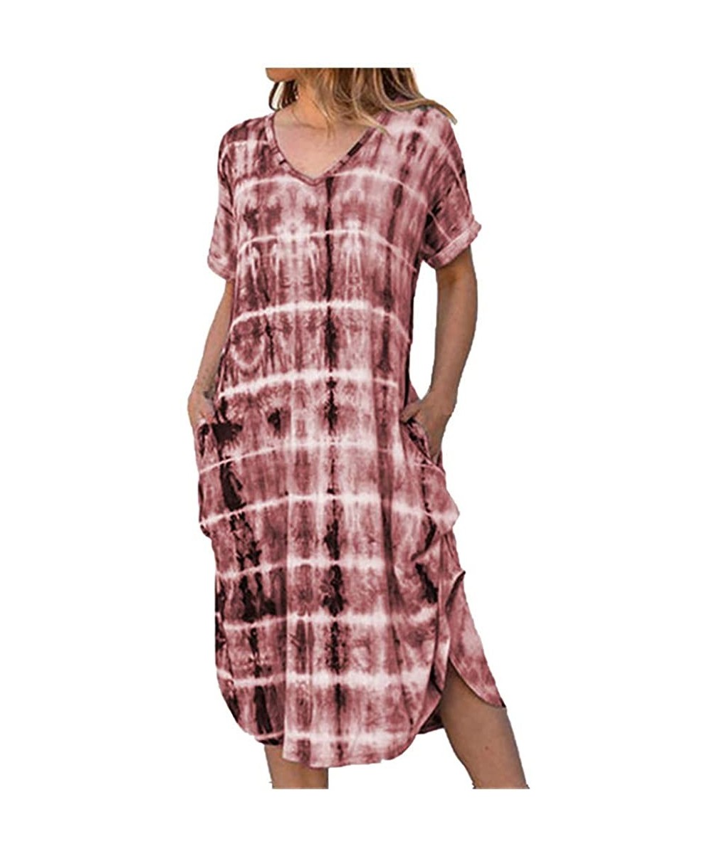 Women's Tie Dye Sleeveless Tank Dress Slim Fit Short Sleeve V Neck Pocket Midi Dress Casual Loose Long Dress Wine - CE190LROQ...