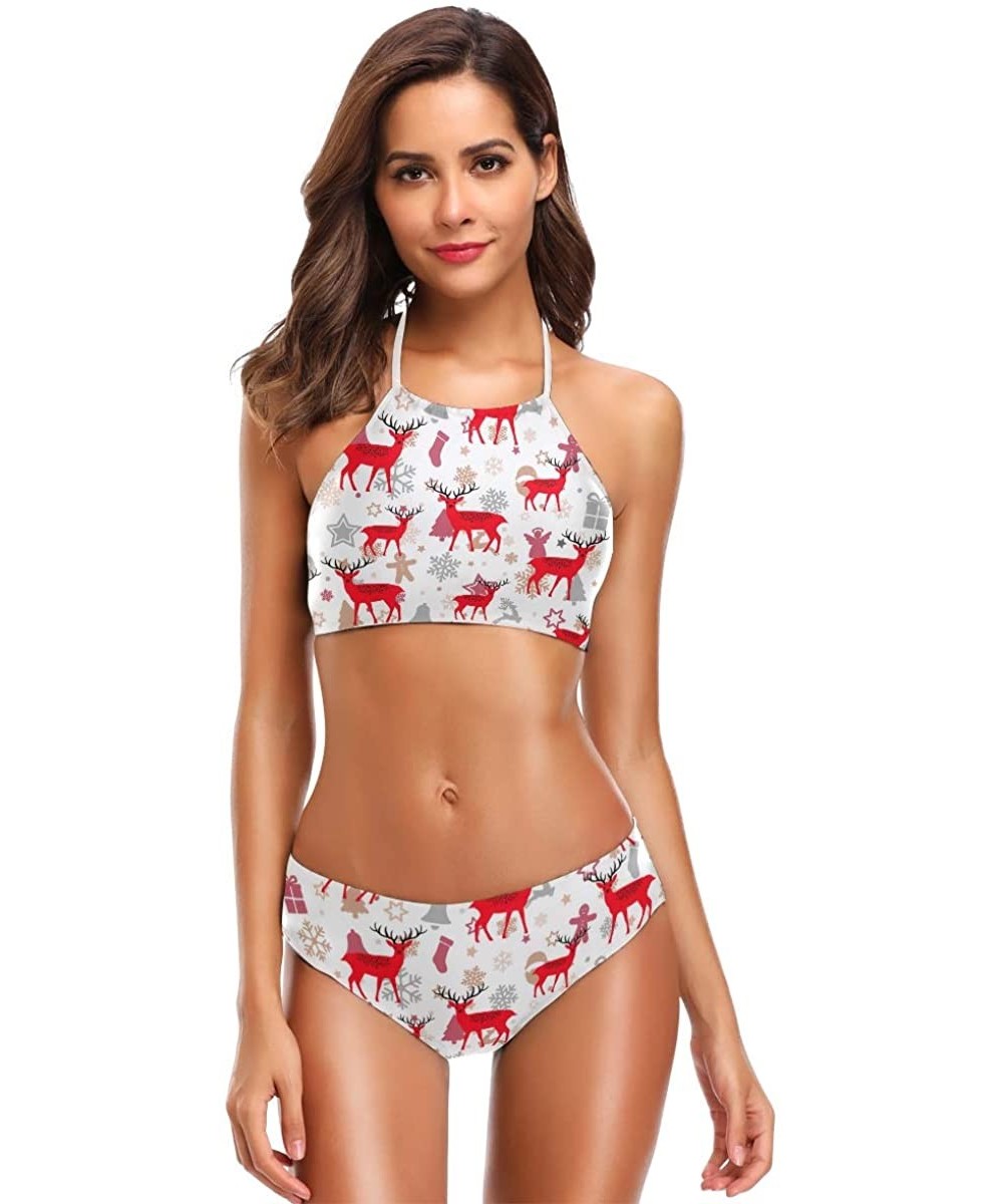 Rubber Ducks Women's Sexy Bikini Swimsuit Set Halter Bathing Suit Swimwear Beachwear - Red Reindeer - CE18QHOCLMS $32.77-Sets