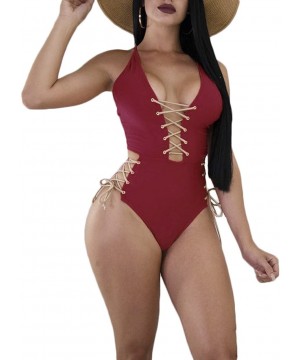 Womens Sexy Lace Up One Piece Bikini Criss Cross Halter Neck Monokini Side Tie Bathing Suit Swimwear - Burgundy - CP18EC7WT76...