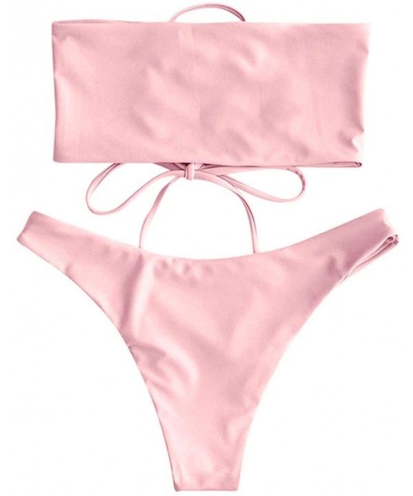 Women's Strapless Bathing Suit Lace up Bandeau Bikini Set Two Pieces Swimsuit - 2pink - CU18S39YKZY $19.96-Sets