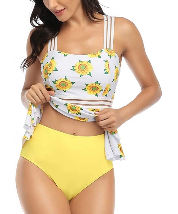 Women's Tummy Control Swimwear Tankini Set Ruffled Swimsuit Swimdress Two Piece Bathing Suit White + Yellow Floral - C5194LNO...