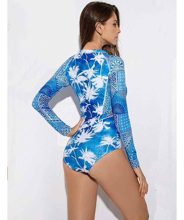 Women's Athletic One Piece Swimsuit Long Sleeve Rash Guard Swimming Bathing Suit Zip-Up Swimwear - Sky Blue - CY194W3E8Q0 $24...