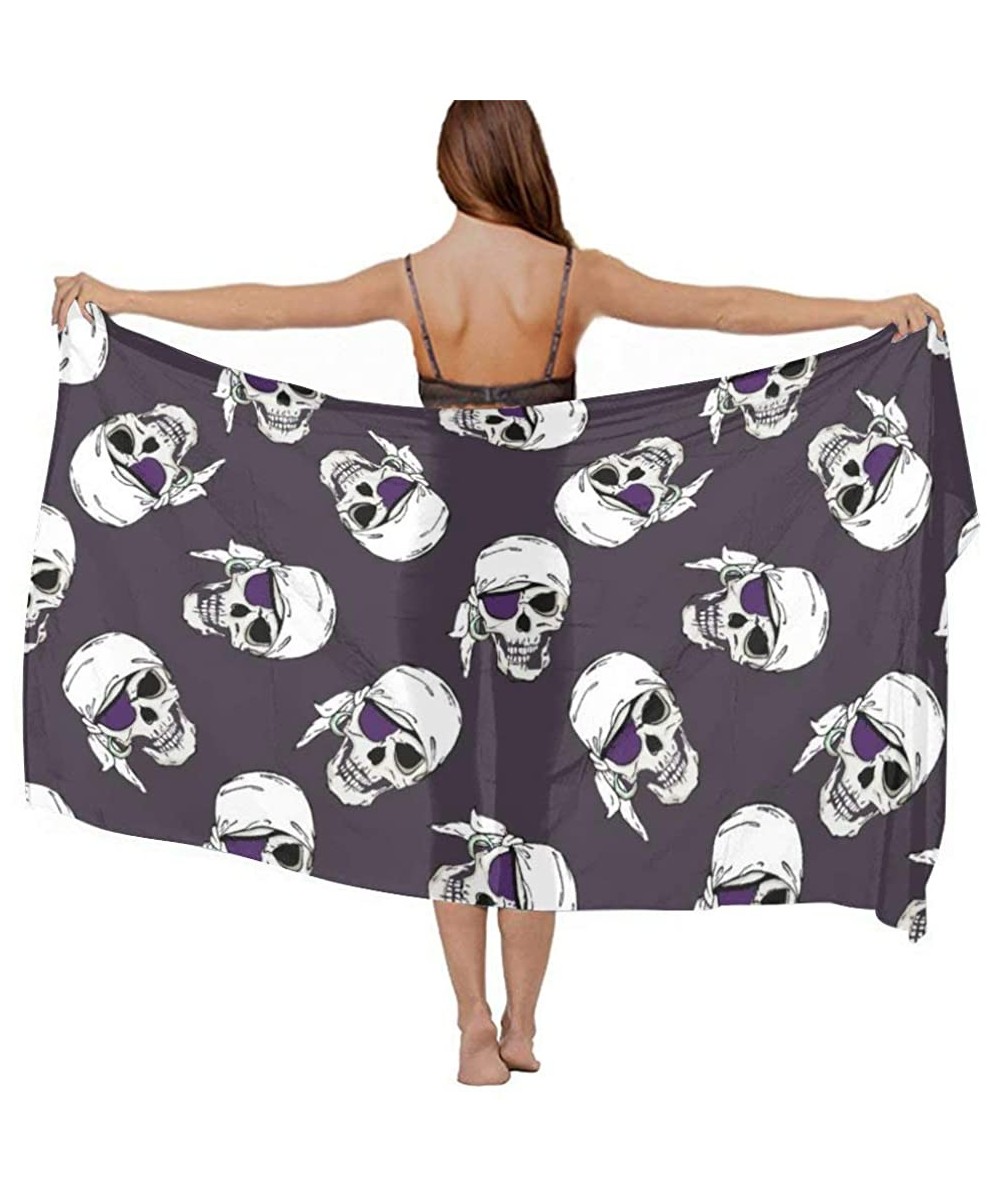 Women Girl Fashion Chiffon Scarf Bikini Cover Up Summer Beach Sarong Wrap - Pirates Skulls - C819C4HA9GW $19.87-Cover-Ups