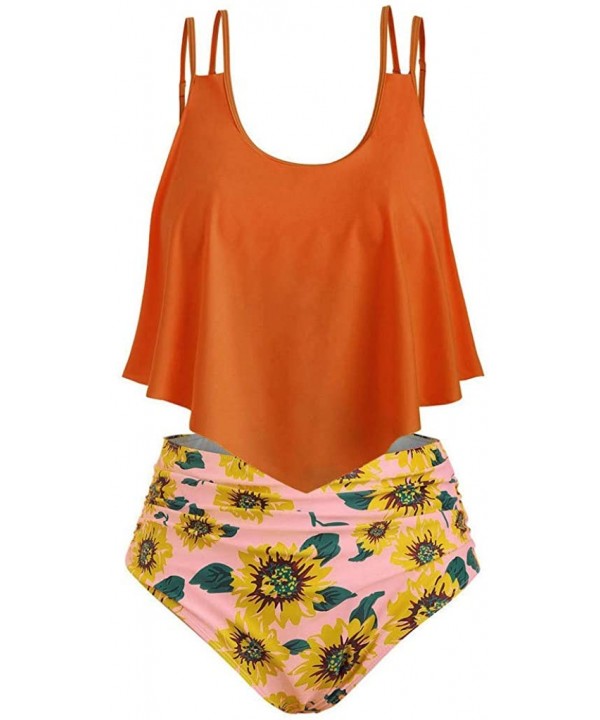 Women Two Piece Set Plus Size Bathing Suit Sunflower Print Ruffled Racerback High Waisted Tankin - Z01-orange - C1198G0QNUO $...