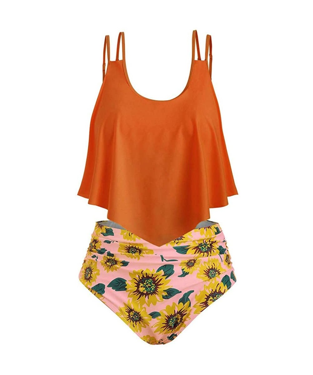 Women Two Piece Set Plus Size Bathing Suit Sunflower Print Ruffled Racerback High Waisted Tankin - Z01-orange - C1198G0QNUO $...