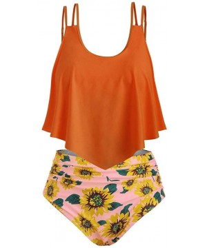 Women Two Piece Set Plus Size Bathing Suit Sunflower Print Ruffled Racerback High Waisted Tankin - Z01-orange - C1198G0QNUO $...