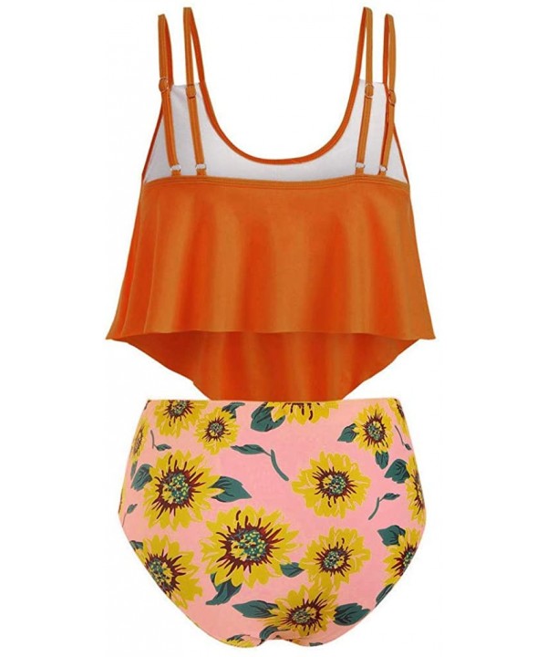 Women Two Piece Set Plus Size Bathing Suit Sunflower Print Ruffled Racerback High Waisted Tankin - Z01-orange - C1198G0QNUO $...