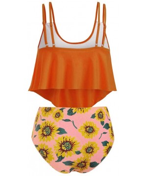 Women Two Piece Set Plus Size Bathing Suit Sunflower Print Ruffled Racerback High Waisted Tankin - Z01-orange - C1198G0QNUO $...