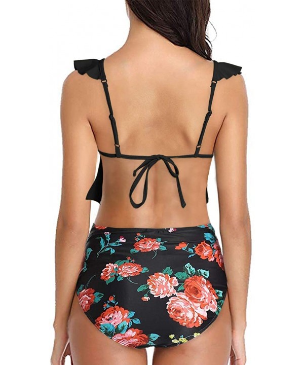 Womens High Waisted Ruffle Flounce Bikini Set 2 Piece Bow Tie Floral Ruched Swimsuit Bathing Suit - Black - CD194EUN722 $18.2...