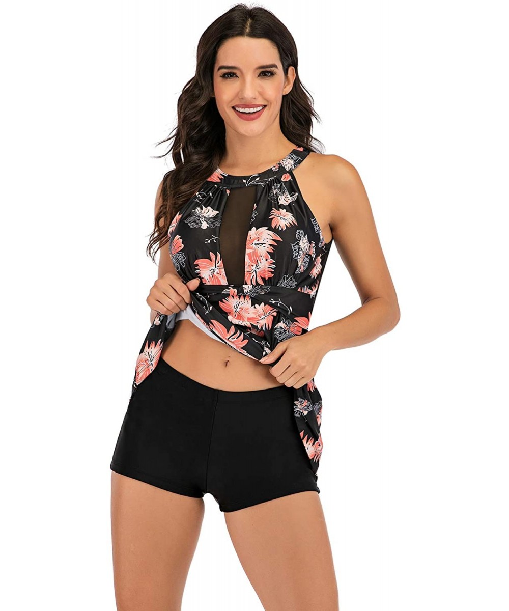 Women Two Piece Swimsuit High Neck Mesh V Floral Printed Tankini Sets - Flower - CE1949CO6GK $18.14-Tankinis