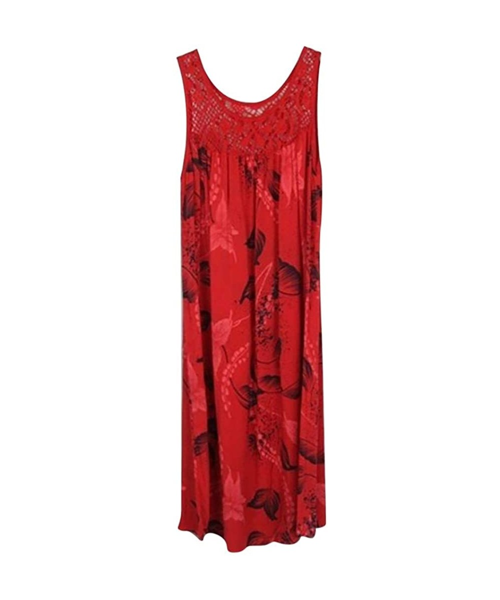 Women's Fashion Lace Stitching Print Sleeveless Dress - B-red - CS18U8XL7E9 $14.31-Bottoms