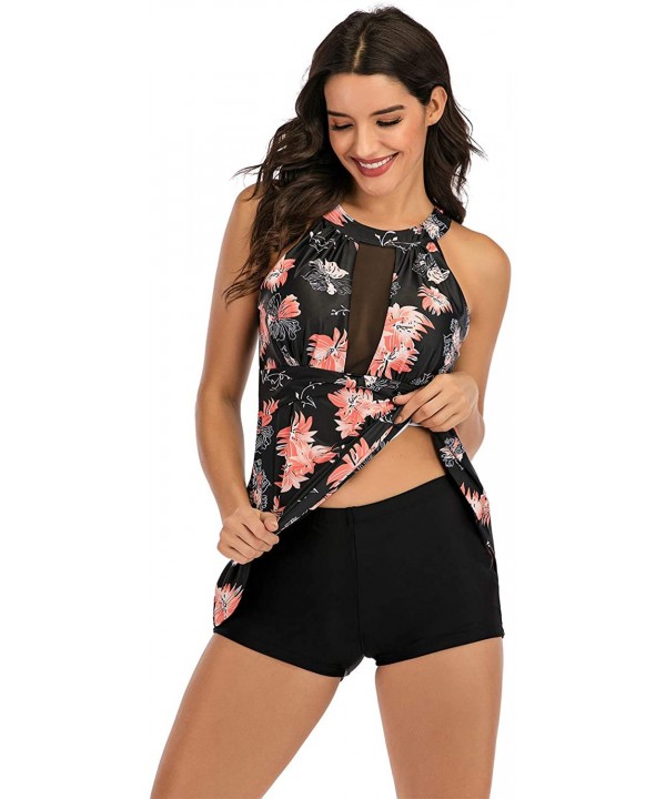 Women Two Piece Swimsuit High Neck Mesh V Floral Printed Tankini Sets - Flower - CE1949CO6GK $18.14-Tankinis