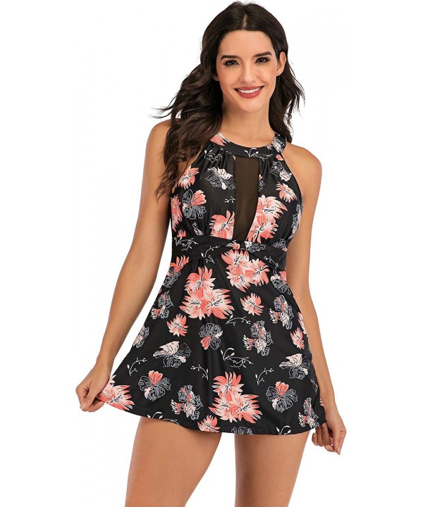 Women Two Piece Swimsuit High Neck Mesh V Floral Printed Tankini Sets - Flower - CE1949CO6GK $18.14-Tankinis