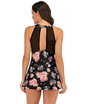 Women Two Piece Swimsuit High Neck Mesh V Floral Printed Tankini Sets - Flower - CE1949CO6GK $18.14-Tankinis