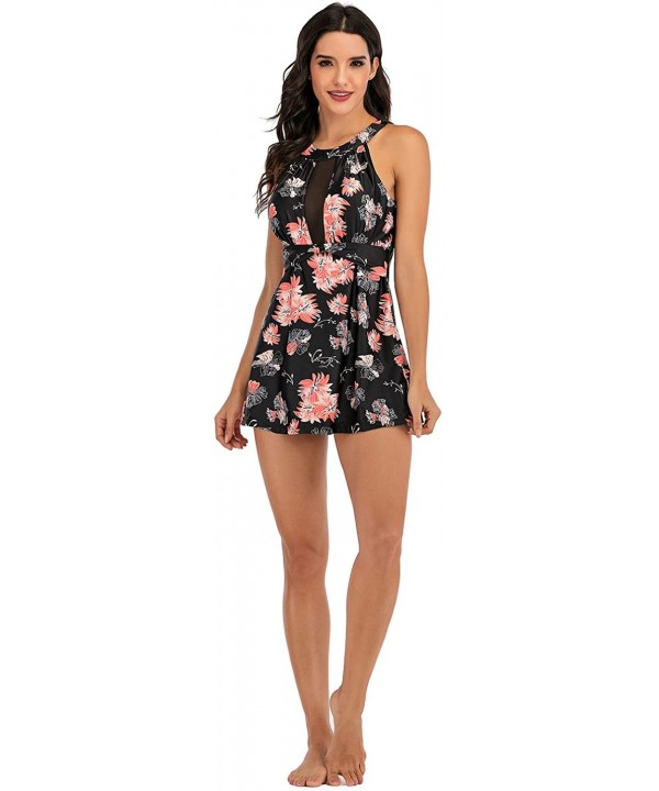 Women Two Piece Swimsuit High Neck Mesh V Floral Printed Tankini Sets - Flower - CE1949CO6GK $18.14-Tankinis