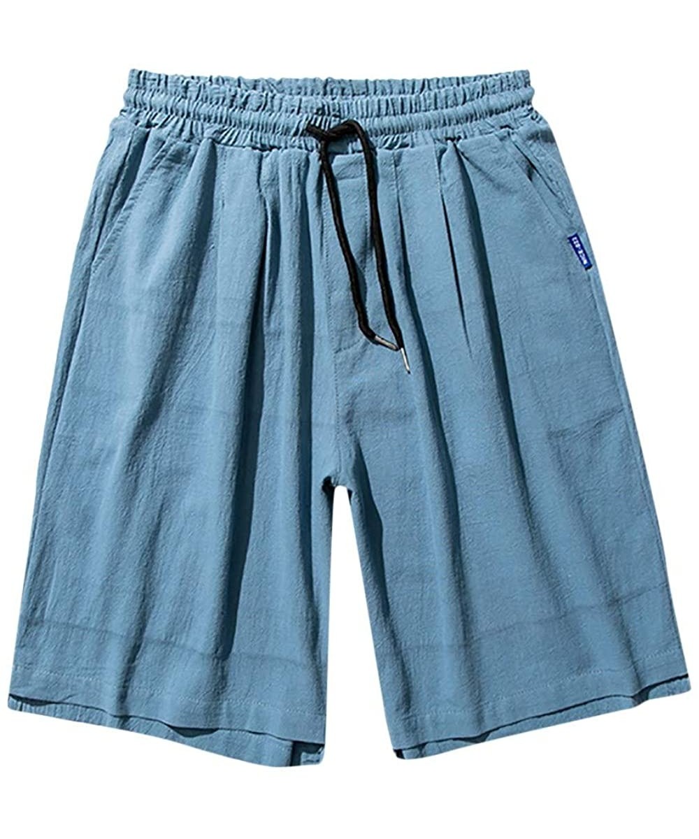 Men Athletic Shorts Summer Casual Linen Pants Solid Colors Beach Shorts Swim Trunks Trousers with Pockets - Blue - CD18SGSQL2...