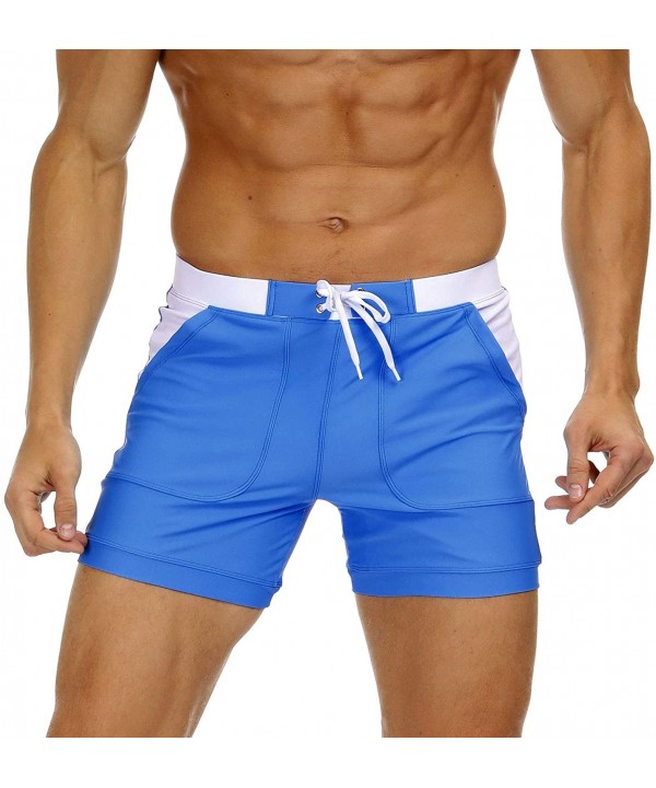 Men's Swimwear Swimsuits Solid Basic Long Swim Boxer Trunks Board Shorts with Pockets - Blue - CG18RO0K0YA $15.05-Briefs