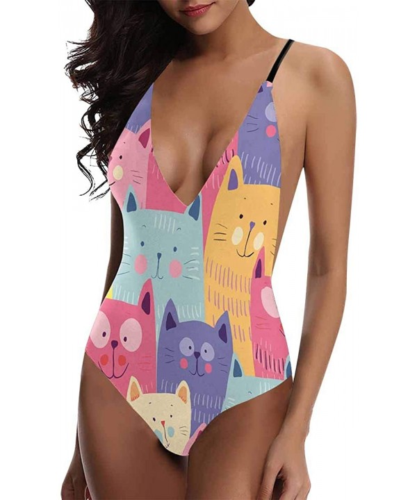 Funny Cats V-Neck Women Lacing Backless One-Piece Swimsuit Bathing Suit XS-3XL - Design 4 - CY18RXU8UEN $36.06-One-Pieces