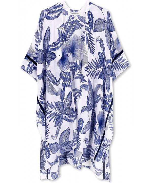 Women's Beach Cover up Swimsuit Kimono Cardigan with Bohemian Floral Print - E Carolina Blue Leaf - C2199U637GN $27.96-Cover-Ups