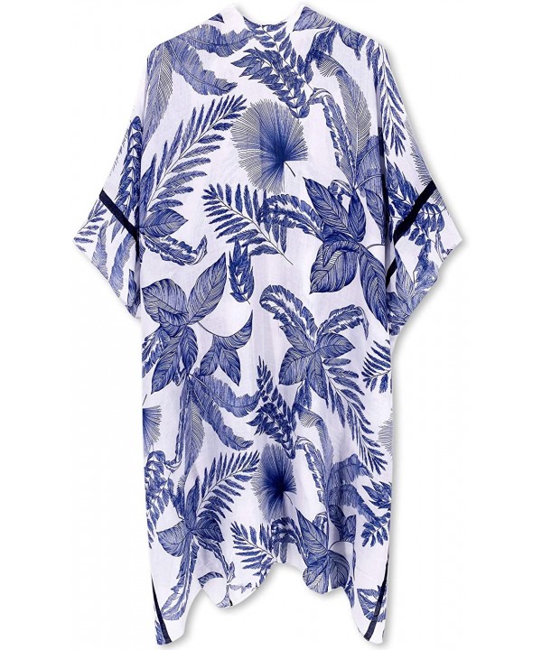 Women's Beach Cover up Swimsuit Kimono Cardigan with Bohemian Floral Print - E Carolina Blue Leaf - C2199U637GN $27.96-Cover-Ups