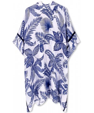 Women's Beach Cover up Swimsuit Kimono Cardigan with Bohemian Floral Print - E Carolina Blue Leaf - C2199U637GN $27.96-Cover-Ups