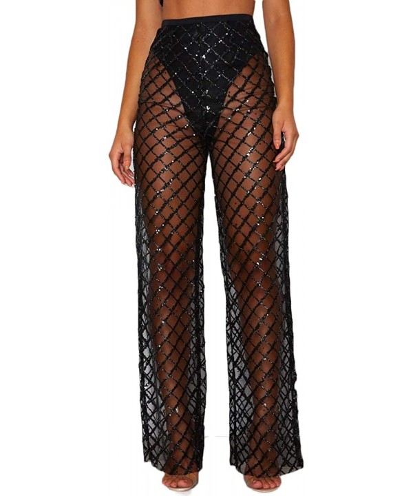 Women See Throug Mesh Flare Cover up Pants Swimsuit Bikini Bottom Cover up Elastic Waist Wide Leg Palazzo Trousers - Fishnet ...