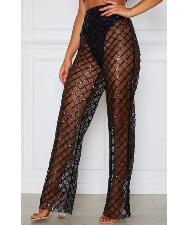 Women See Throug Mesh Flare Cover up Pants Swimsuit Bikini Bottom Cover up Elastic Waist Wide Leg Palazzo Trousers - Fishnet ...