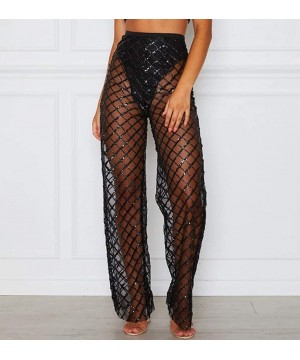 Women See Throug Mesh Flare Cover up Pants Swimsuit Bikini Bottom Cover up Elastic Waist Wide Leg Palazzo Trousers - Fishnet ...