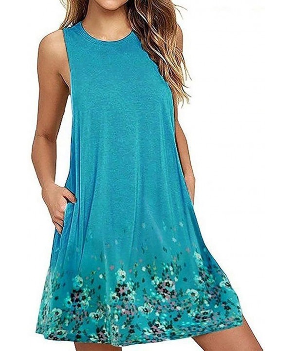 Sleeveless A line Dress Floral Beach Dress Lounge Tank Dress Tunic Style with Two Pockets Aqua - CE19CM5E3M0 $27.27-Cover-Ups