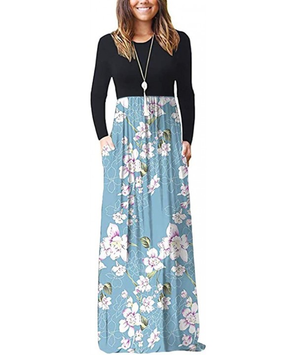 Women's Maxi Dresses Floral Printed Autumn Casual Long Sleeve Loose Dress with Pockets - Blue_3 - CW194OTU75T $16.92-Cover-Ups