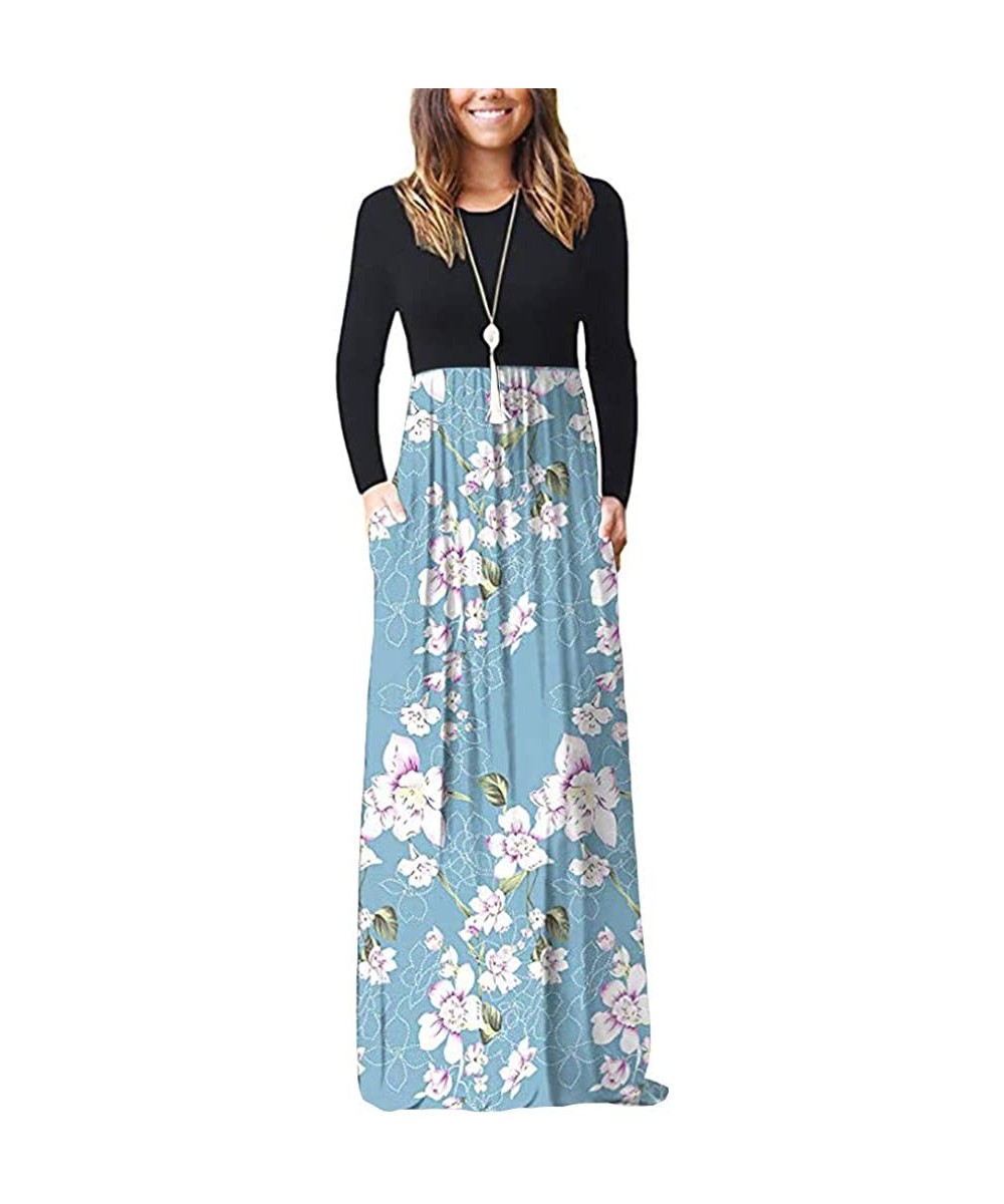 Women's Maxi Dresses Floral Printed Autumn Casual Long Sleeve Loose Dress with Pockets - Blue_3 - CW194OTU75T $16.92-Cover-Ups